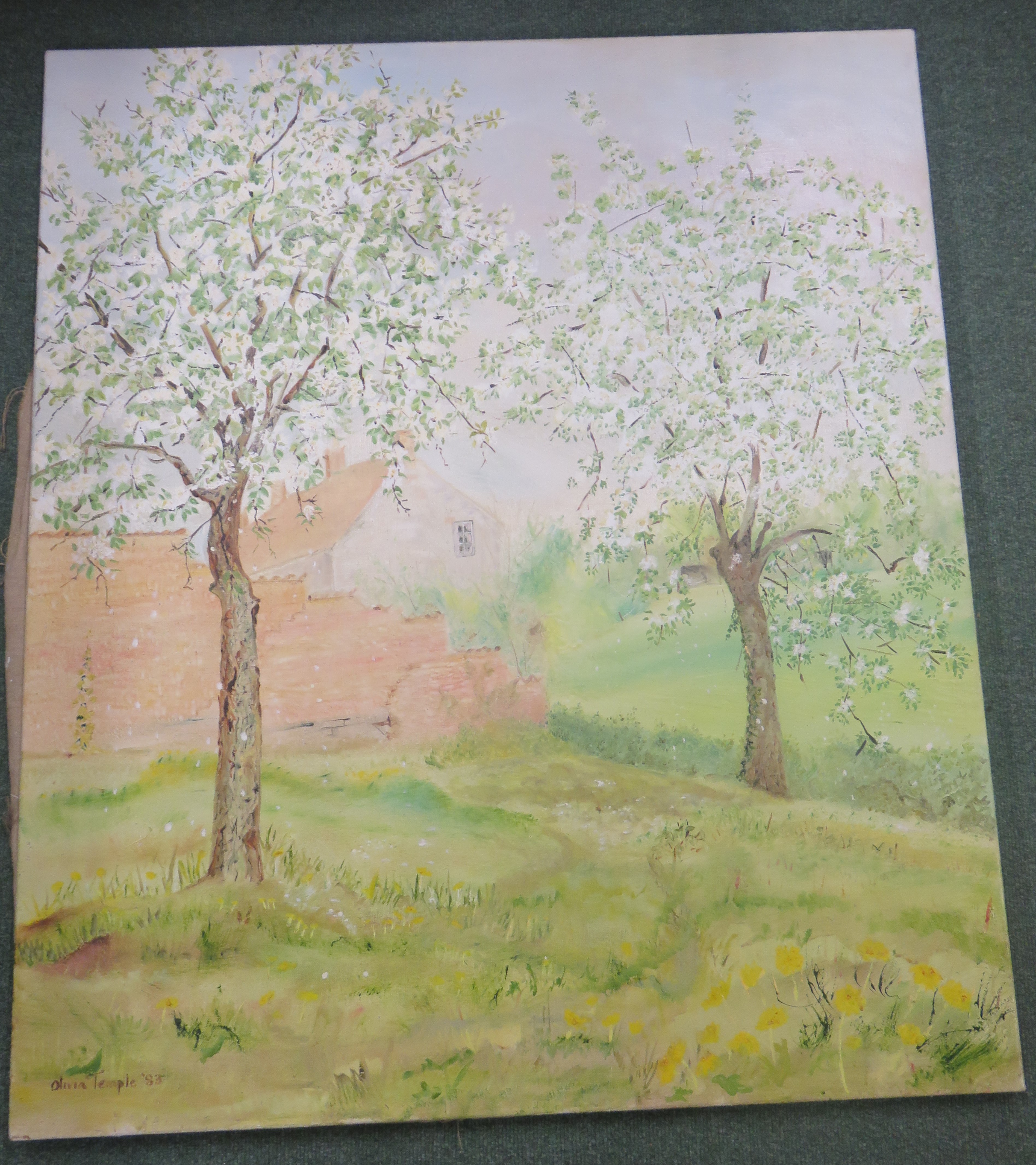 Olivia Temple - oil on canvas of an orchard scene, signed and dated '82