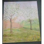 Olivia Temple - oil on canvas of an orchard scene, signed and dated '82