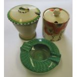 Shelley ash tray, together with a Burleim Ware pot with Cover and a Clarice Cliff style pot with