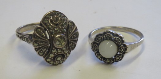 Two white metal and marcasite vintage cocktail rings, ring size N ½, and O ½