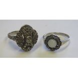 Two white metal and marcasite vintage cocktail rings, ring size N ½, and O ½