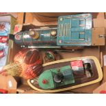 Quantity of tin plate toys to include a boat, a locomotive, a chicken etc