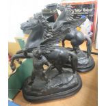 Pair of spelter horses and their riders, on wooden bases