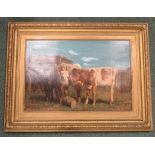 Print of of four cattle, framed, artist signature indistinct, 32.5cm x 48cm