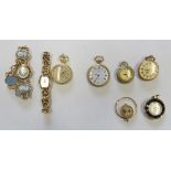 Six decorative pocket watches, some adapted for pendants, together with a cameo wristwatch and a