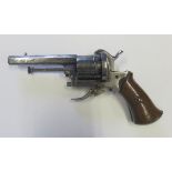 7mm Belgian open frame 6 shot double action pinfire revolver. Hexagonal barrel with ejector rod.