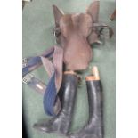 Pair of riding boots, together with a horse harness etc