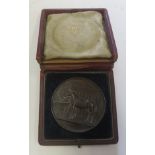 Boxed bronze victorian medallion showing a horse on one side and on reverse '2nd prize - huntsman'