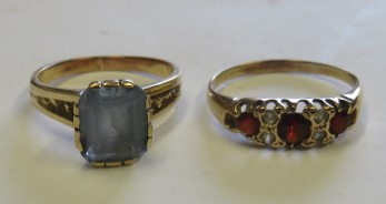Two unmarked dress rings, one set with a square aqua blue stone, the other red and white paste