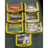 Five boxed Corgi Routemaster buses numbered 469, all different colours, together with, a 480 AEC