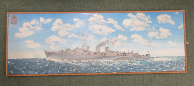 A naive oil painting of HMS Ariadne by Des Lamey 120 cms x 43 cms dated 1943. She was a three funnel