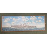 A naive oil painting of HMS Ariadne by Des Lamey 120 cms x 43 cms dated 1943. She was a three funnel