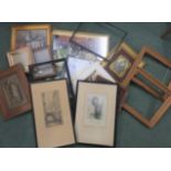 Two F. Robson etchings of London, together with a quantity of frames, artist drawings, prints etc
