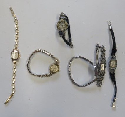 Six vintage ladies wristwatches to include a marked silver and marcasite cocktail watch