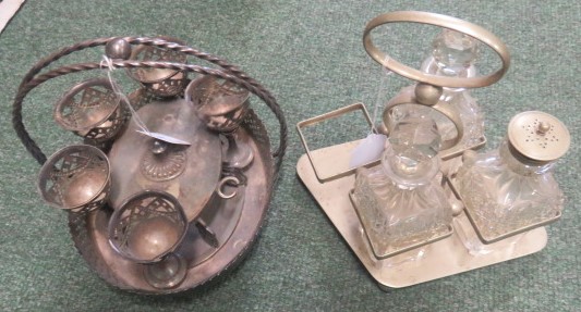 Silver plated condiment set together with a silver plated egg cup set