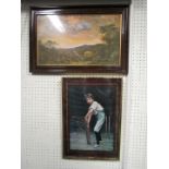 2 prints, one countryside scene and one of boy playing cricket