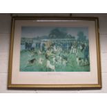 After Terrance Cuneo a signed print titled The Eastern Counties Otter Hounds, framed, along with