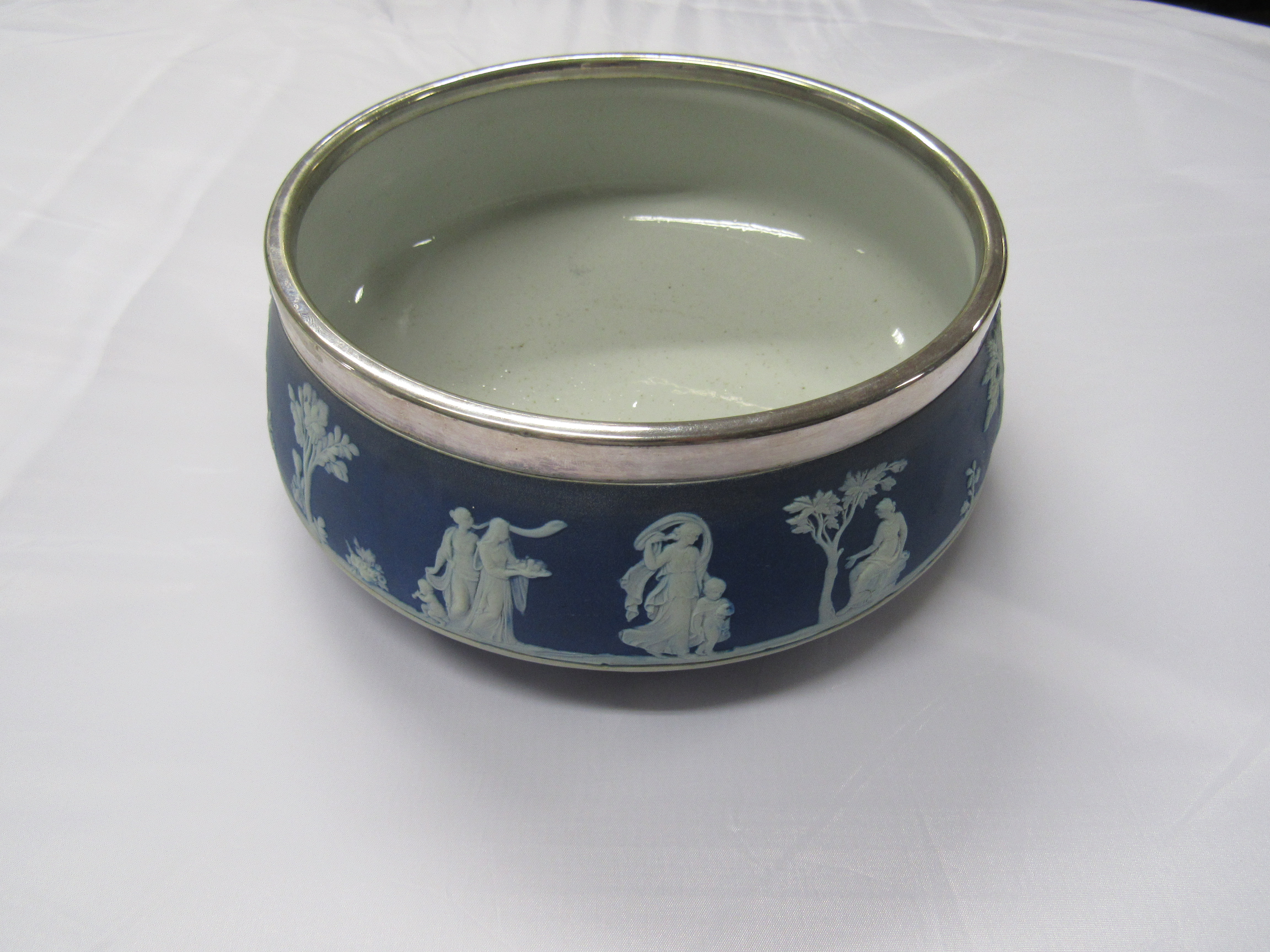 Blue and White Wedgwood bowl with silver plated rim