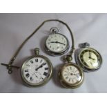 Four vintage metal open faced pocket watches to include Smiths and Ingersoll