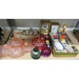 Dressing table, ware, Modena paperweight and, box of buttons and four assorted battery clocks etc.