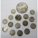 A silver 1889 crown together with a collection of 3D silver coins and another silver coin (hole