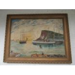 Naive oil on canvas of Boats in Teignmouth harbour by W.I. Helps