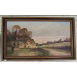 Oil on board of a millhouse by J Wilson together with a reproduction framed print of Somersetshire