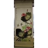 Oriental scroll depicting of birds amongst foliage