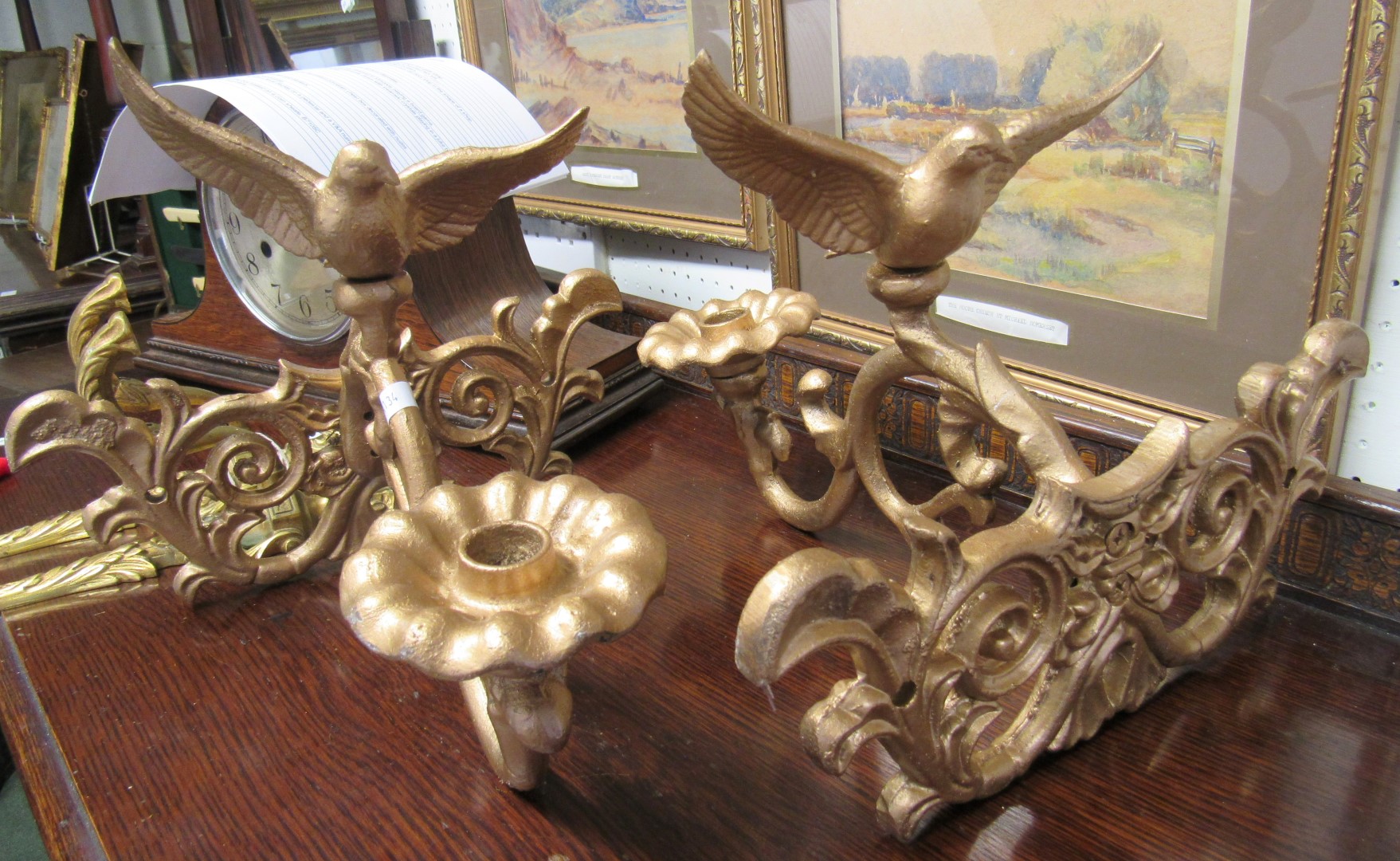 1 pair of cast iron bird mounted candle holders with a pair of wall light holders. - Image 3 of 3