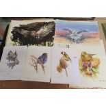 A quantity of bird prints and several signed watercolours by Alan Ward together with a black art