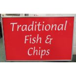 Fish & Chip shop sign: 'Traditional Fish and Chips' size 94cm x 62cm x 11cm approx. Double sided