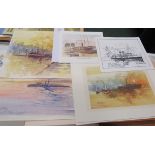 A mixture of watercolours and prints of Bristol shipping scenes, many signed, by Alan Ward