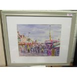 A signed watercolour of shoppers at the funfair by Alan Ward