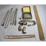 A collection of vintage jewellery to include silver, a heavy gents curb chain buckle metal bracelet,