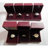 A collection of seven marked silver, 925 and unmarked white metal rings to include a vintage