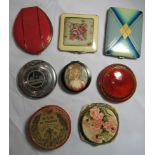 Six vintage mirrored compacts to include Nielloware, red enamel and tapestry together with a box