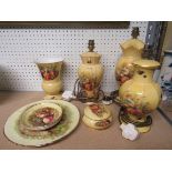 Three Aynsley 'Orchard Gold' table lamps, a vase, lidded pot together with matching bon bon dishes