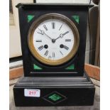A Slate mantel clock with green corner decoration and with ceramic face and Roman numerals (AF) by