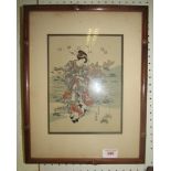 A framed print of a Japanese lady on the seashore fishing for crabs