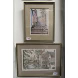 Two signed coloured prints, one of Brugge and the other of Dartmouth by local artist John Gillo