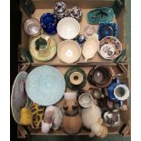 Two boxes of assorted ceramics including ceramic animals, vases, Poole pottery dish etc.