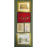 A mixture of items including 5 fishing flies together with framed small watercolour, pen drawing and