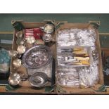 Two boxes of silver plated/EPNS and stainless steel wares and flatware to include an Elkington