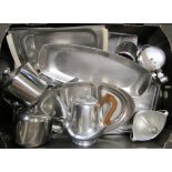 A quantity of stainless steel teapots, platters etc.