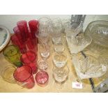 9 Cranberry tumblers, 3 Waterford glasses and other glassware