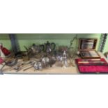 A collection of EPNS/silver plate, brass or brass style hollow and flatware, gong etc. to include