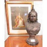 A bronze bust of Queen Victoria together with a coloured plate of a young Queen Victoria in her