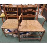 1 bamboo dining chair with woven seat together with a similar style dining chair with arms