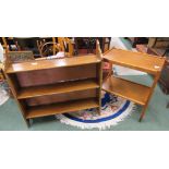 Oak three tier bookshelf and a two tier trolley on casters