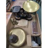 A set of kitchen or small shop scales with both pouring and plate brass pans, weights in imperial